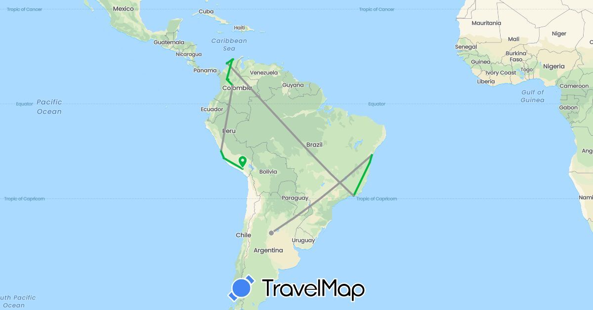 TravelMap itinerary: bus, plane, boat in Argentina, Brazil, Colombia, Peru (South America)